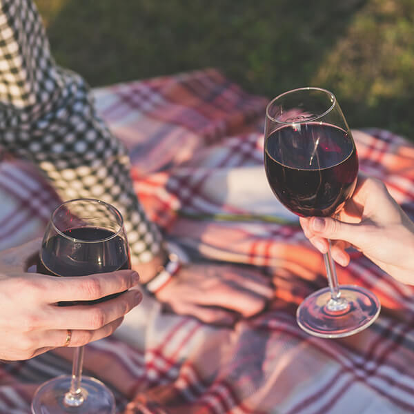 drinking wine on a blanket
